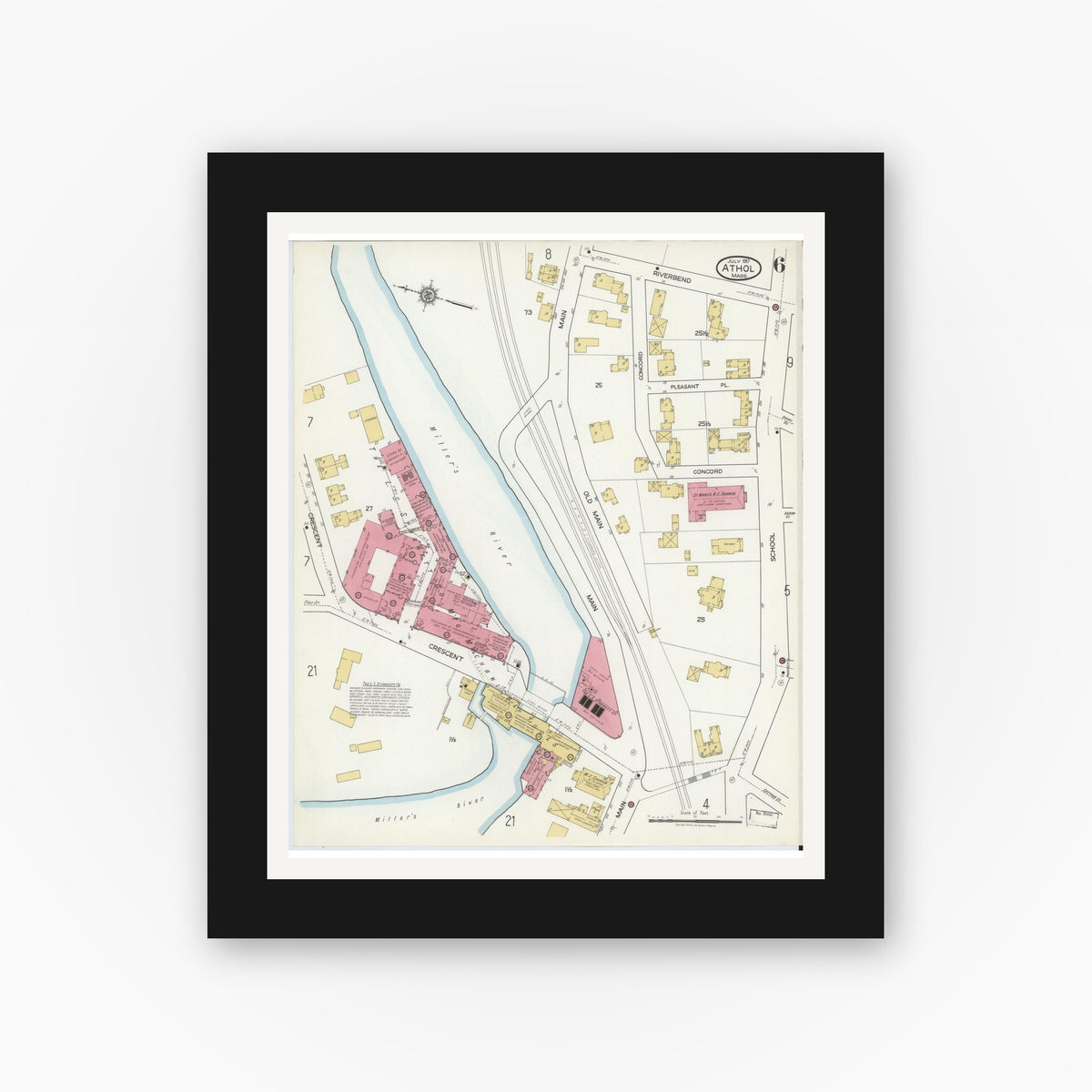 Old map wall art mockup — black gallery frame with white mat — Sanborn Fire Insurance Map from Athol, Worcester County, Massachusetts (1917), Sheet #0006