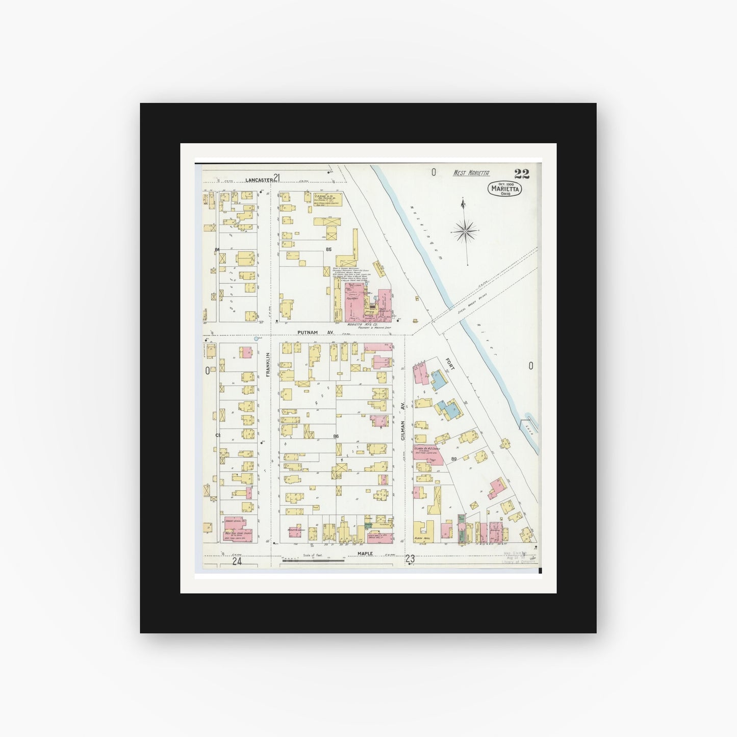 Old map wall art mockup — black gallery frame with white mat — Sanborn Fire Insurance Map from Marietta, Washington County, Ohio (1900), Sheet #0022