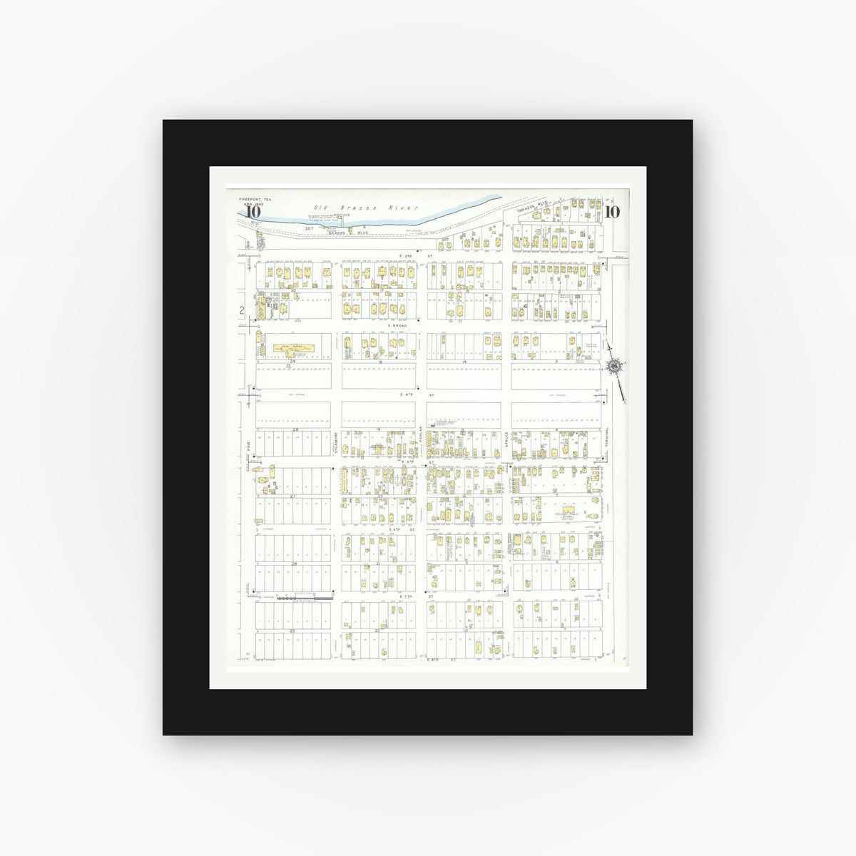 Old map wall art mockup — black gallery frame with white mat — Sanborn Fire Insurance Map from Freeport, Brazoria County, Texas (1943), Sheet #0010