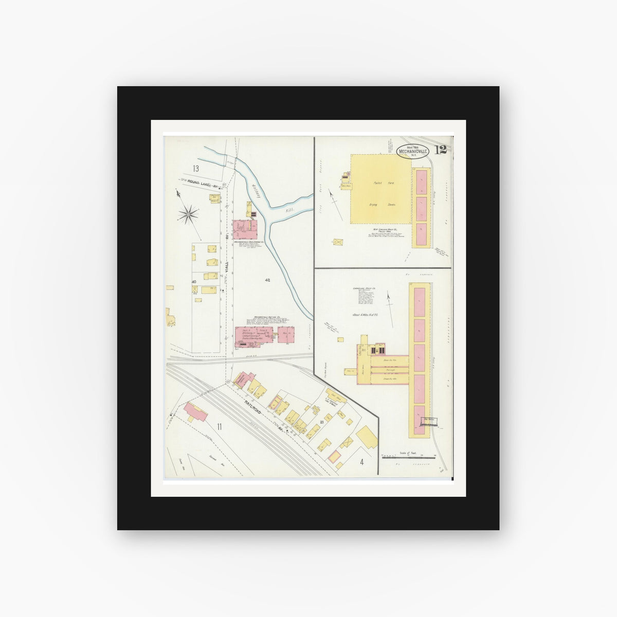 Old map wall art mockup — black gallery frame with white mat — Sanborn Fire Insurance Map from Mechanicville, Saratoga County, New York (1904), Sheet #0011