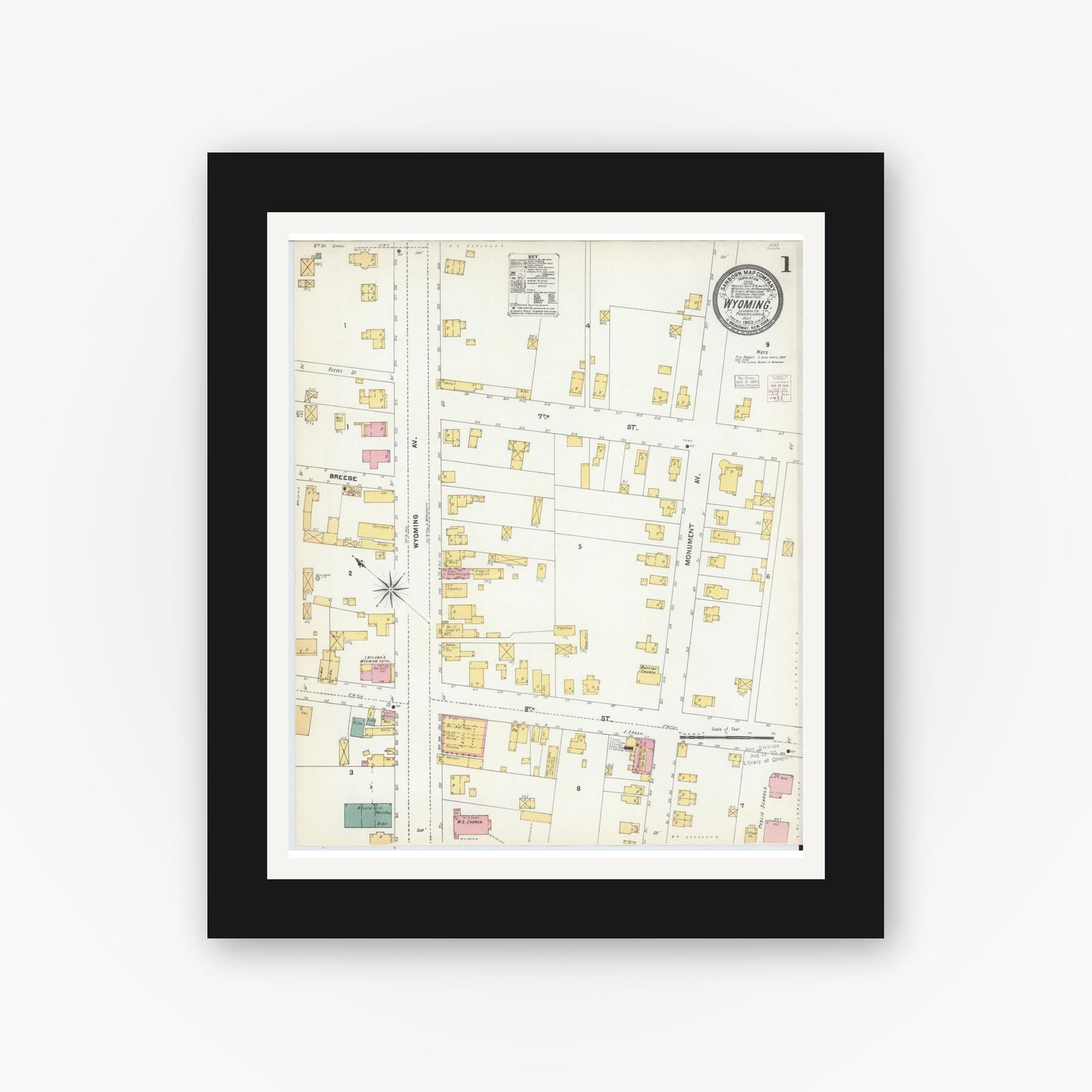 Old map wall art mockup — black gallery frame with white mat — Sanborn Fire Insurance Map from Wyoming, Luzerne County, Pennsylvania (1903), Sheet #0001