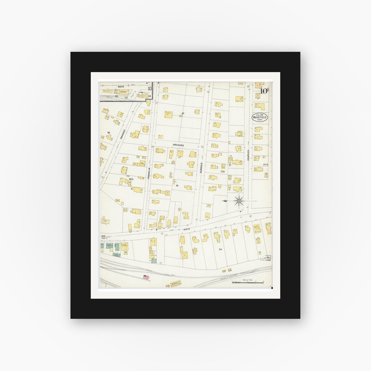 Old map wall art mockup — black gallery frame with white mat — Sanborn Fire Insurance Map from Wakefield, Middlesex County, Massachusetts (1903), Sheet #0010
