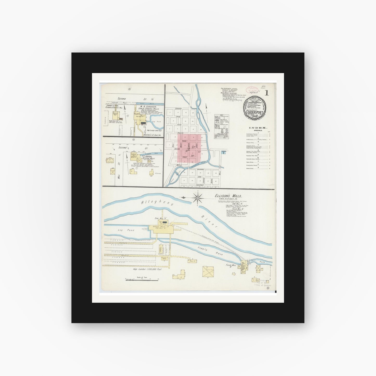 Old map wall art mockup — black gallery frame with white mat — Sanborn Fire Insurance Map from Coudersport, Potter County, Pennsylvania (1891), Sheet #0001