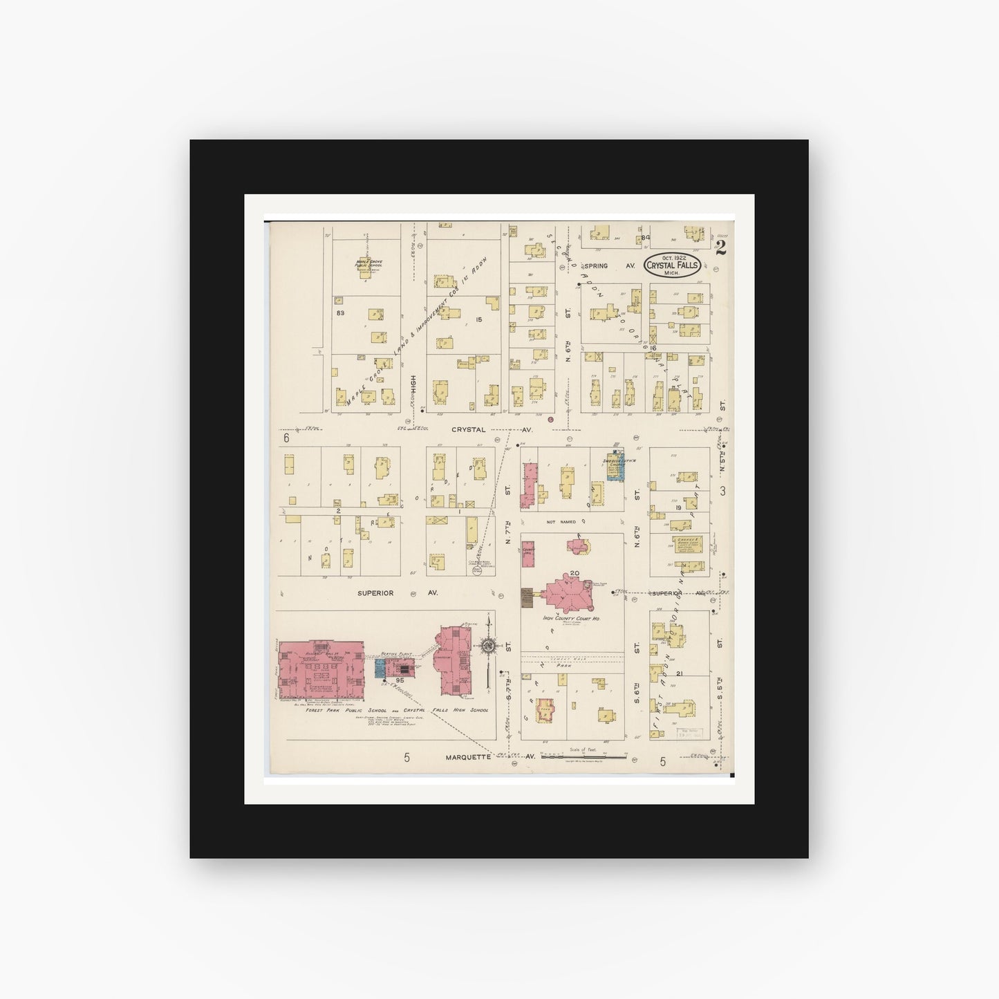Old map wall art mockup — black gallery frame with white mat — Sanborn Fire Insurance Map from Crystal Falls, Iron County, Michigan (1922), Sheet #0002
