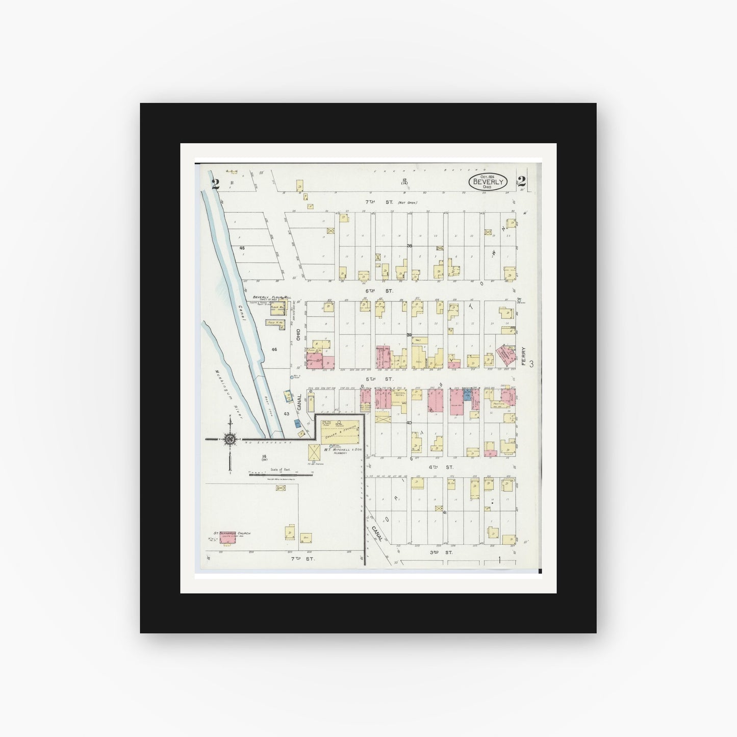 Old map wall art mockup — black gallery frame with white mat — Sanborn Fire Insurance Map from Beverly, Washington County, Ohio (1924), Sheet #0002