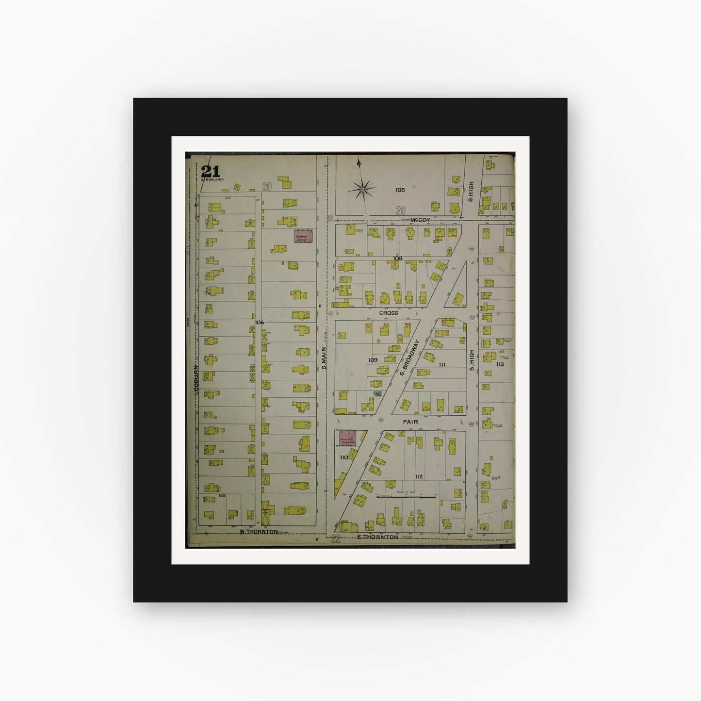 Old map wall art mockup — black gallery frame with white mat — Sanborn Fire Insurance Map from Akron, Summit County, Ohio (1892), Sheet #0021
