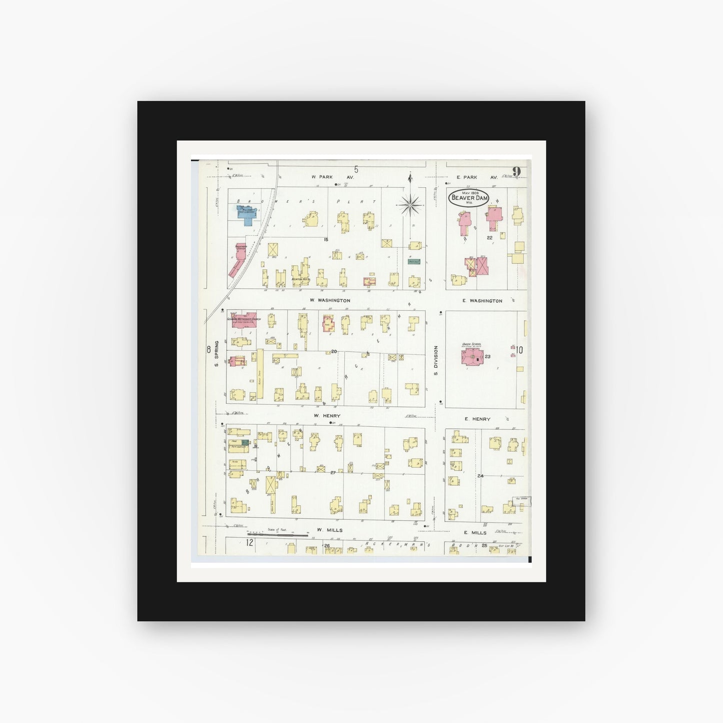 Old map wall art mockup — black gallery frame with white mat — Sanborn Fire Insurance Map from Beaver Dam, Dodge County, Wisconsin (1909), Sheet #0009