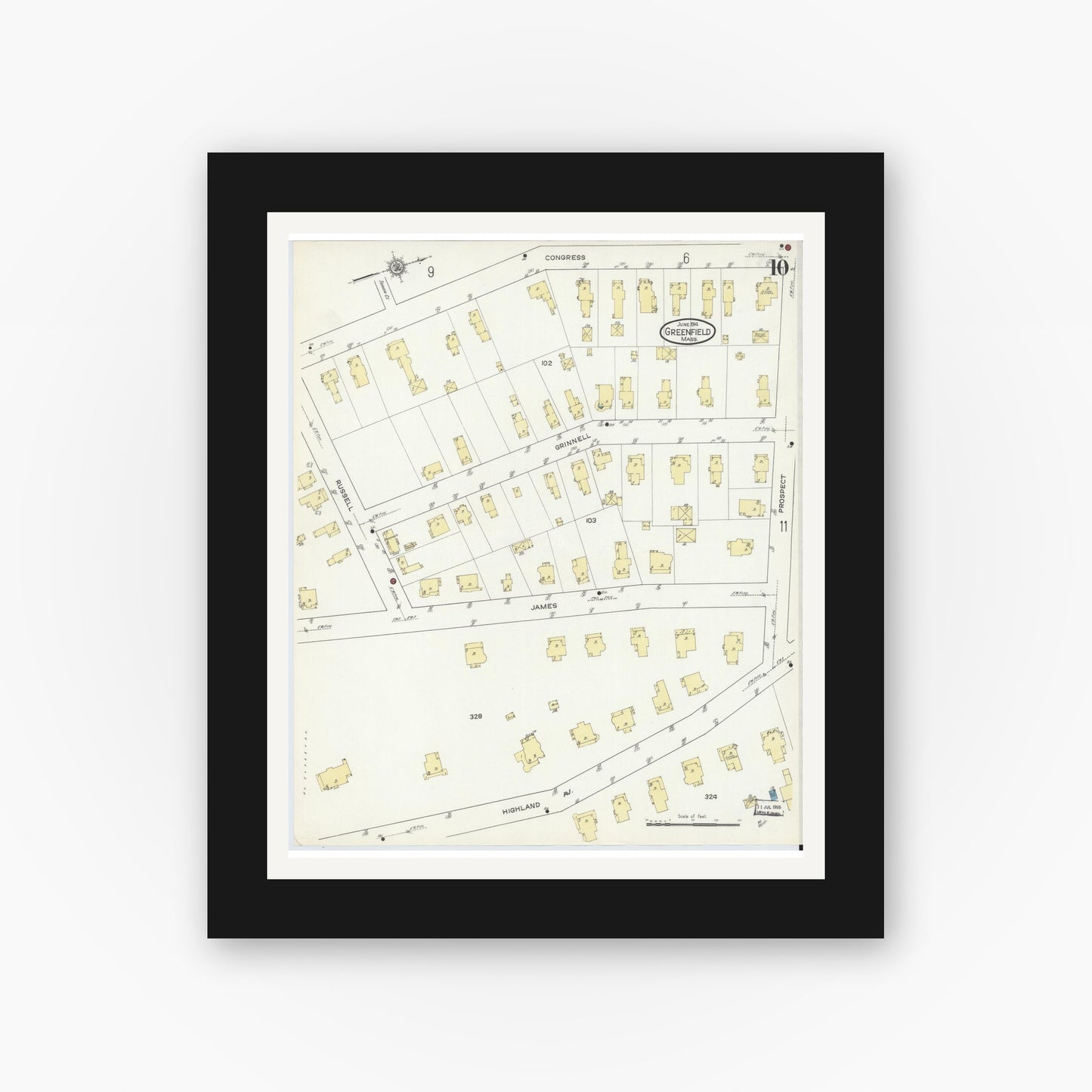 Old map wall art mockup — black gallery frame with white mat — Sanborn Fire Insurance Map from Greenfield, Franklin County, Massachusetts (1914), Sheet #0010