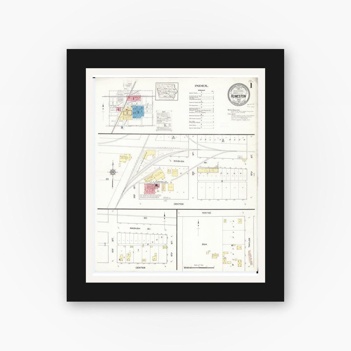 Old map wall art mockup — black gallery frame with white mat — Sanborn Fire Insurance Map from Humeston, Wayne County, Iowa (1913) — Complete Set