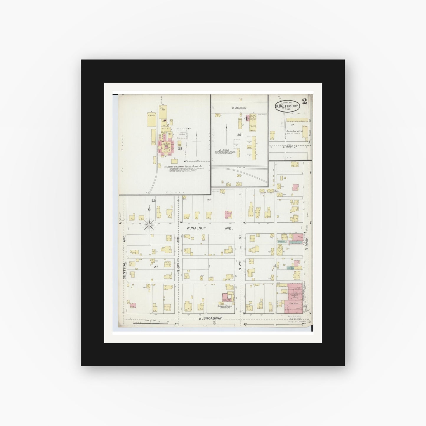 Old map wall art mockup — black gallery frame with white mat — Sanborn Fire Insurance Map from North Baltimore, Wood County, Ohio (1893), Sheet #0002