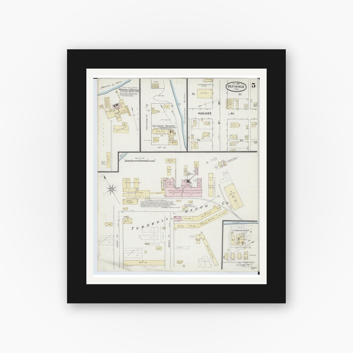 Old map wall art mockup — black gallery frame with white mat — Sanborn Fire Insurance Map from Defiance, Defiance County, Ohio (1888), Sheet #0005