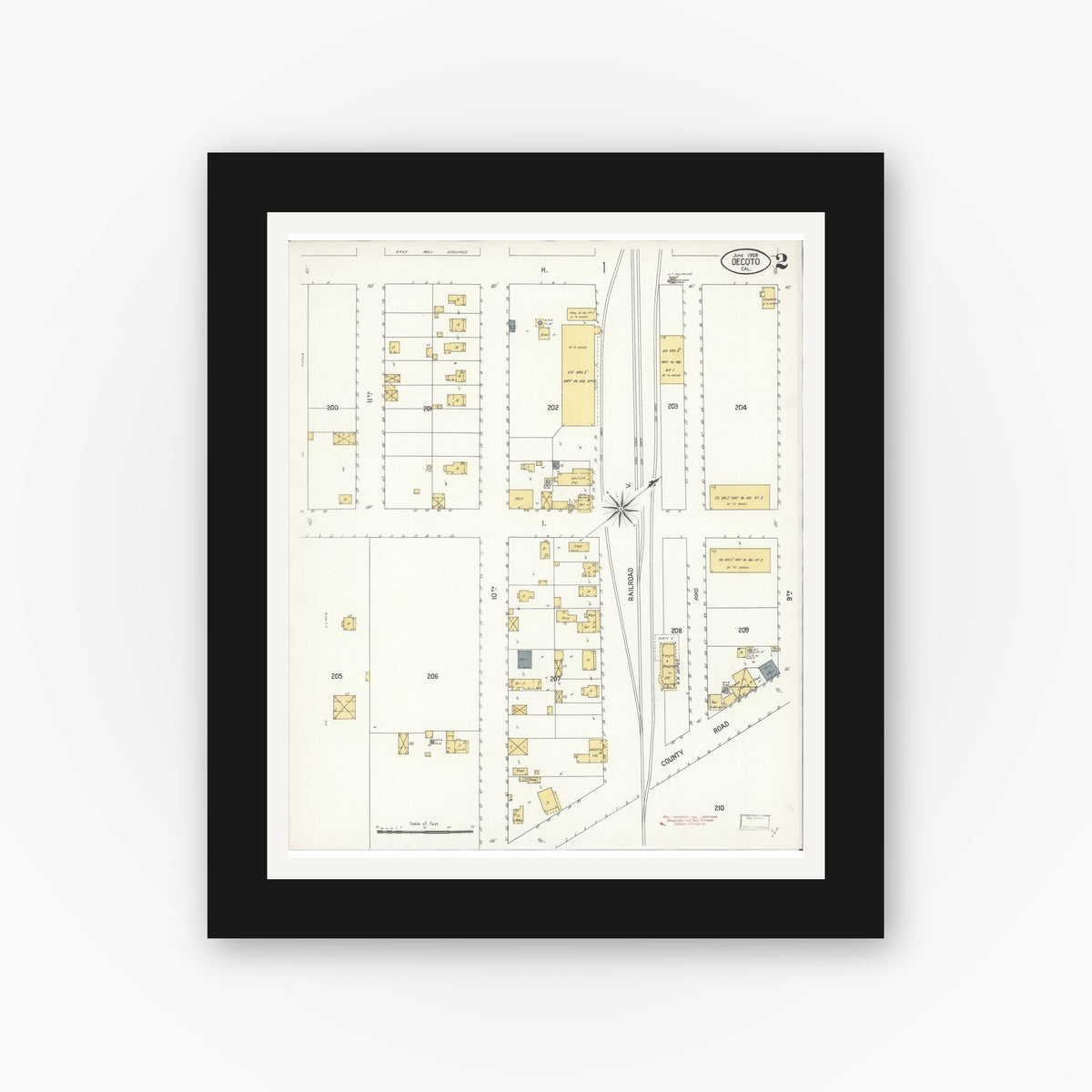 Old map wall art mockup — black gallery frame with white mat — Sanborn Fire Insurance Map from Decota, Alameda County, California (1908), Sheet #0002
