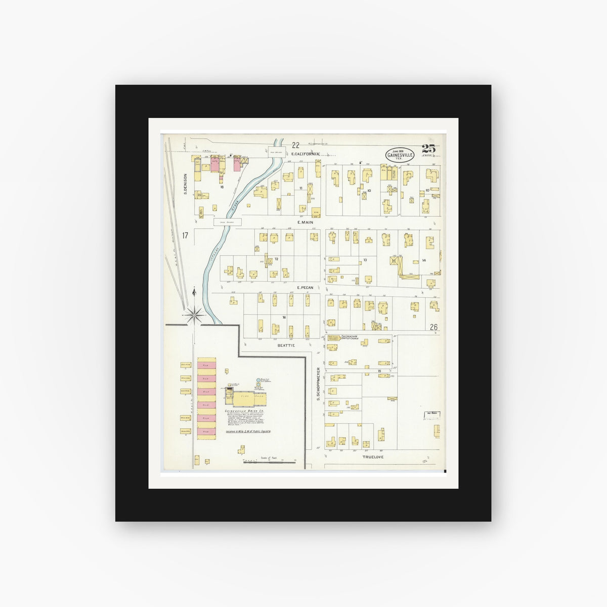 Old map wall art mockup — black gallery frame with white mat — Sanborn Fire Insurance Map from Gainesville, Cooke County, Texas (1908), Sheet #0025