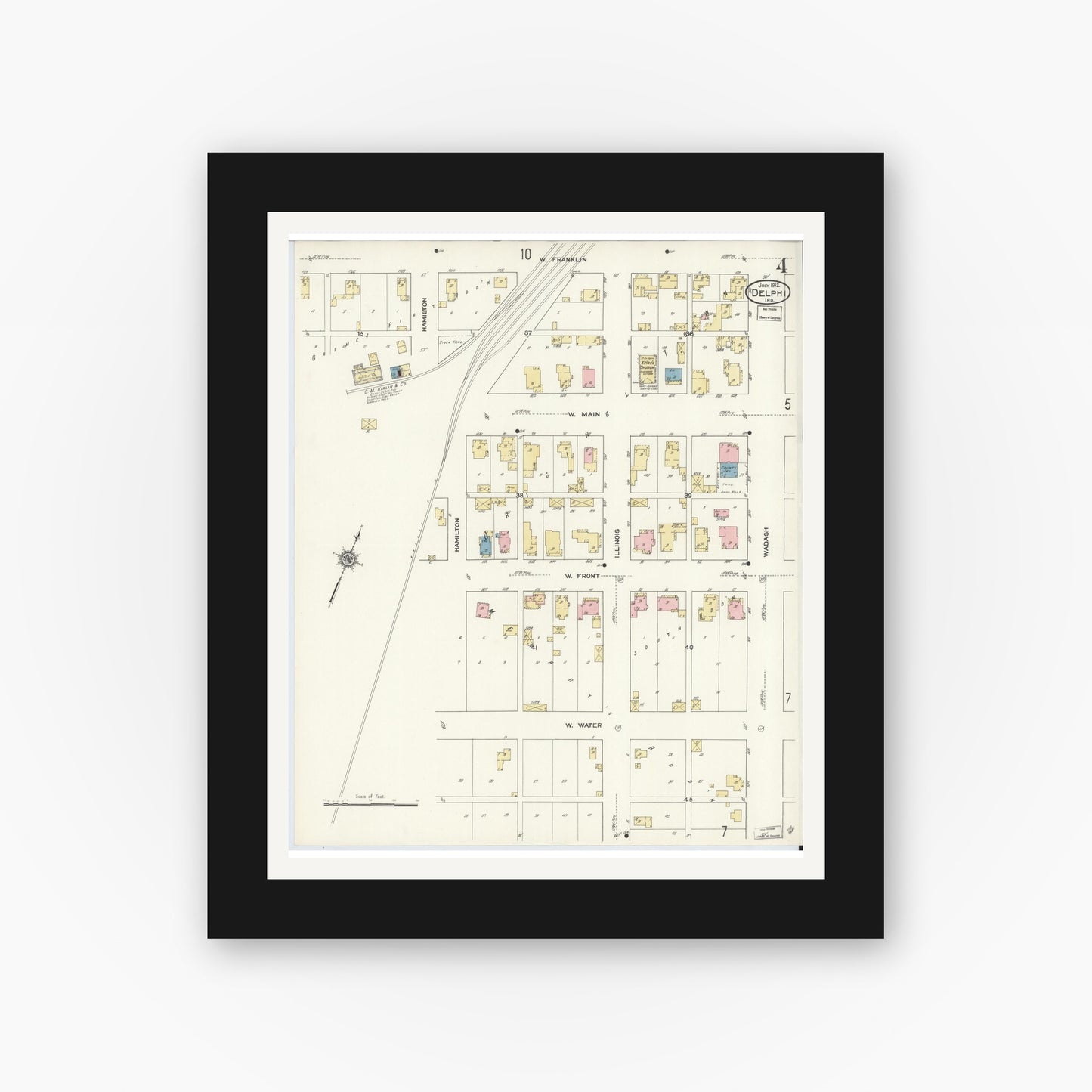 Old map wall art mockup — black gallery frame with white mat — Sanborn Fire Insurance Map from Delphi, Carroll County, Indiana (1912), Sheet #0004