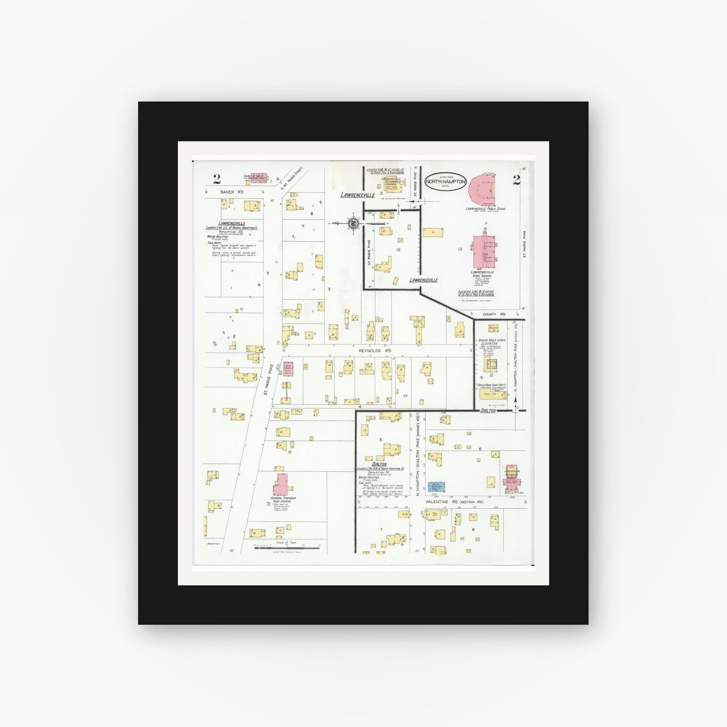 Old map wall art mockup — black gallery frame with white mat — Sanborn Fire Insurance Map from North Hampton, Clark County, Ohio (1928), Sheet #0002