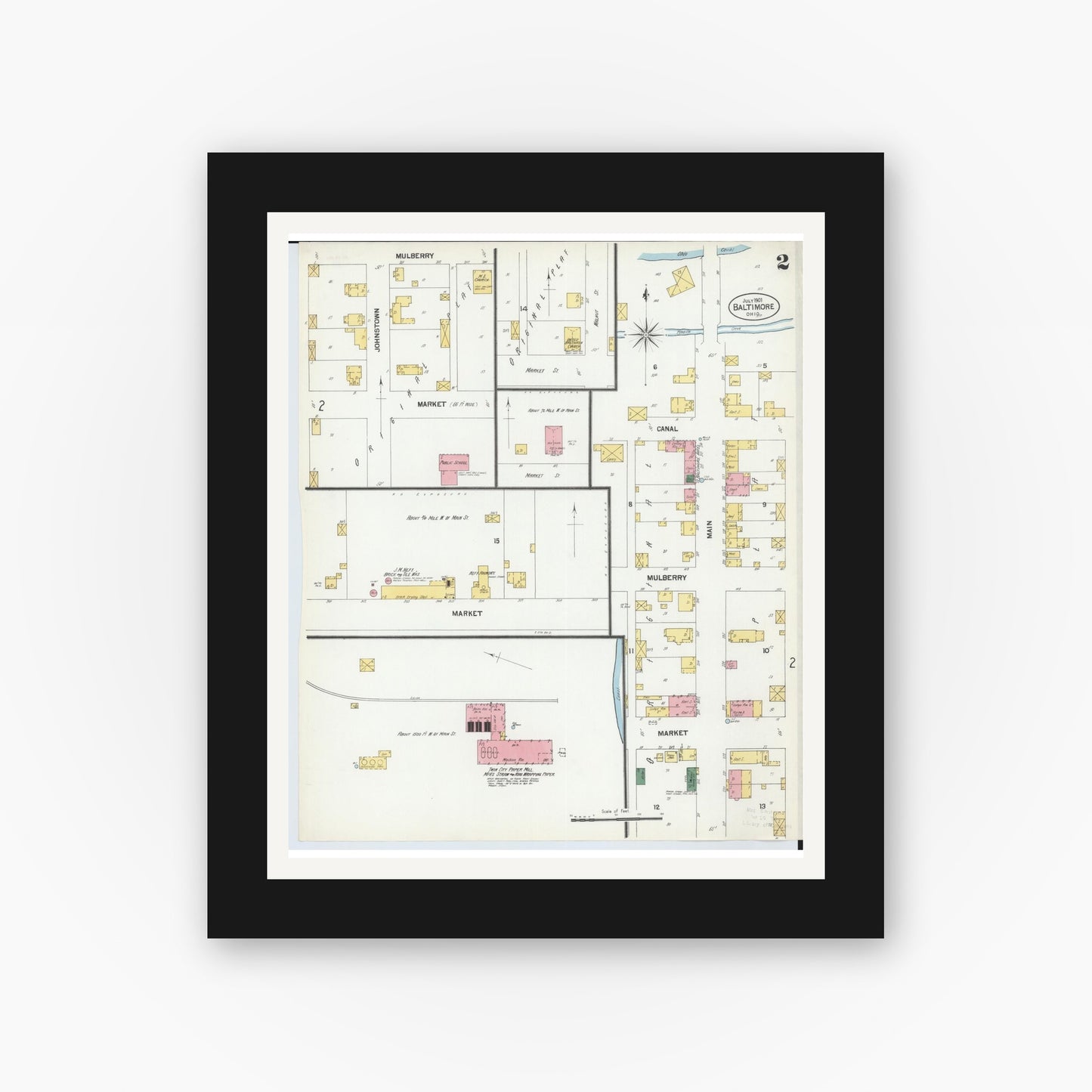 Old map wall art mockup — black gallery frame with white mat — Sanborn Fire Insurance Map from Baltimore, Fairfield County, Ohio (1901), Sheet #0002