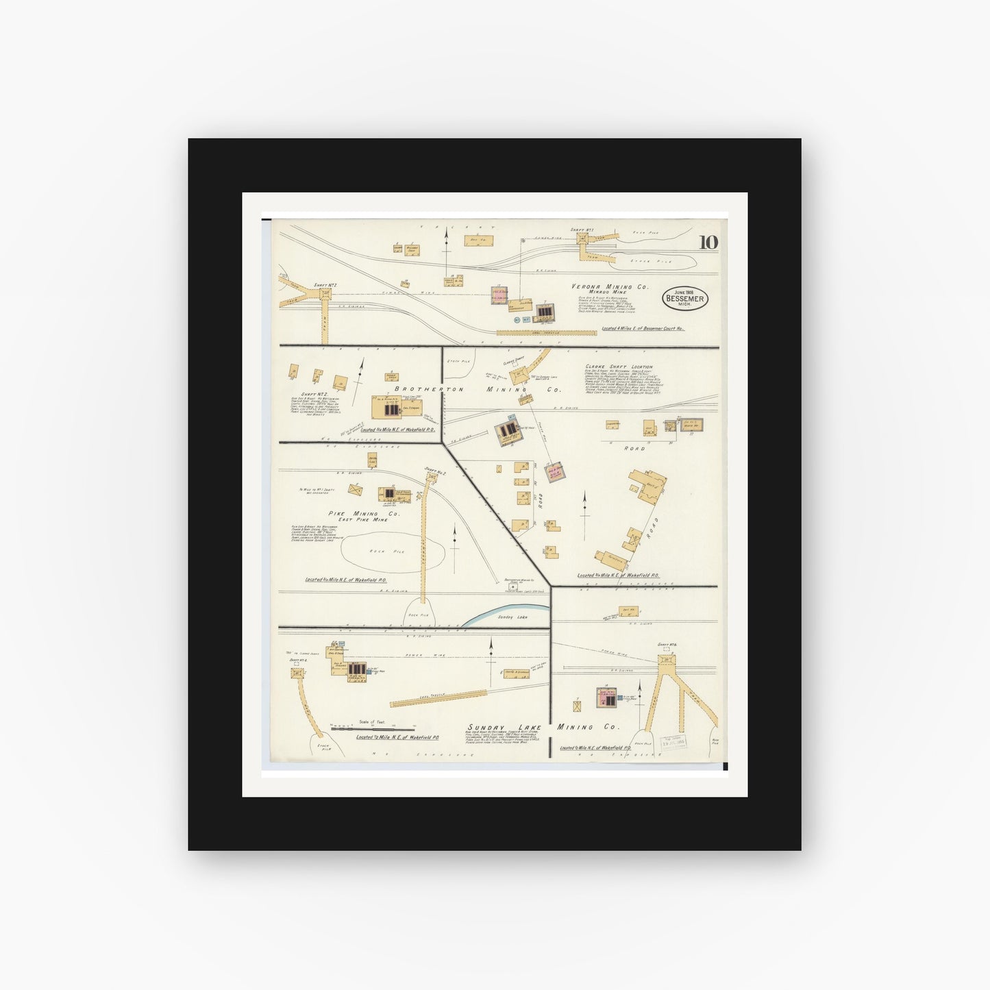 Old map wall art mockup — black gallery frame with white mat — Sanborn Fire Insurance Map from Bessemer, Gogebic County, Michigan (1908), Sheet #0010