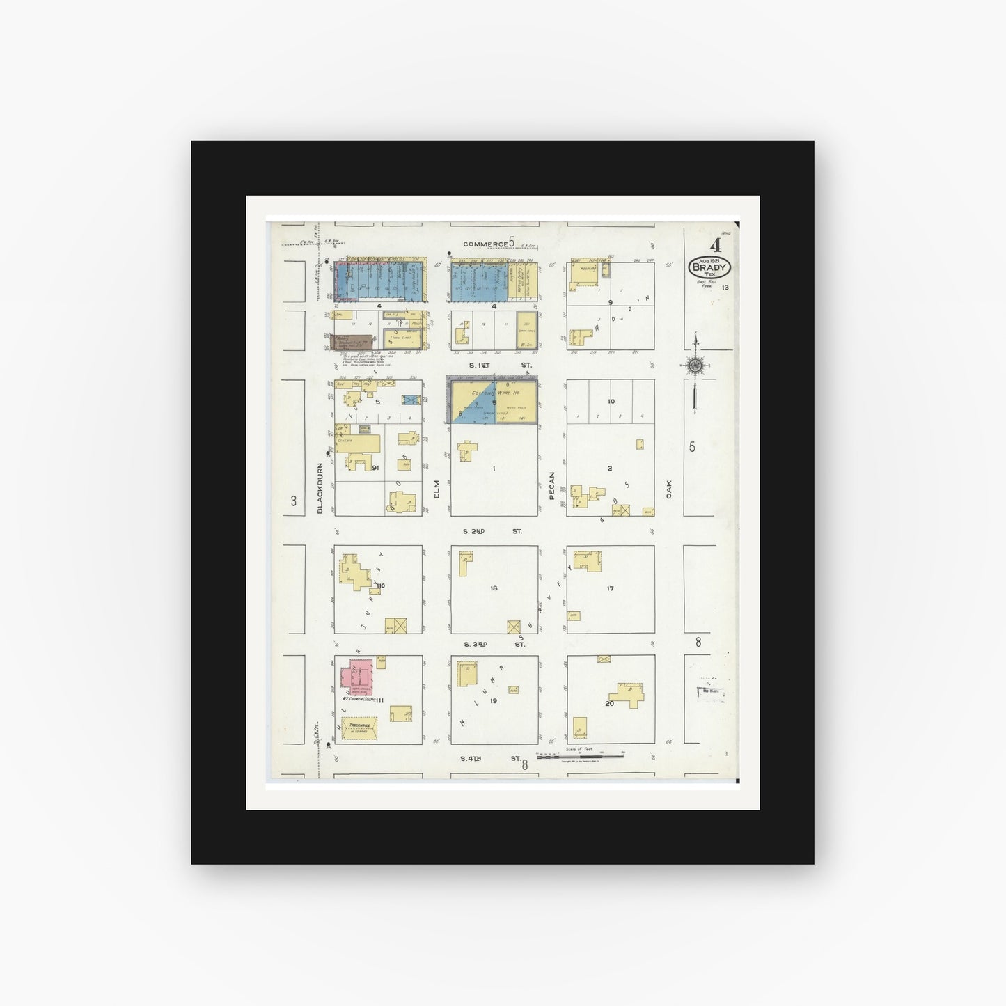 Old map wall art mockup — black gallery frame with white mat — Sanborn Fire Insurance Map from Brady, McCulloch County, Texas (1921), Sheet #0004