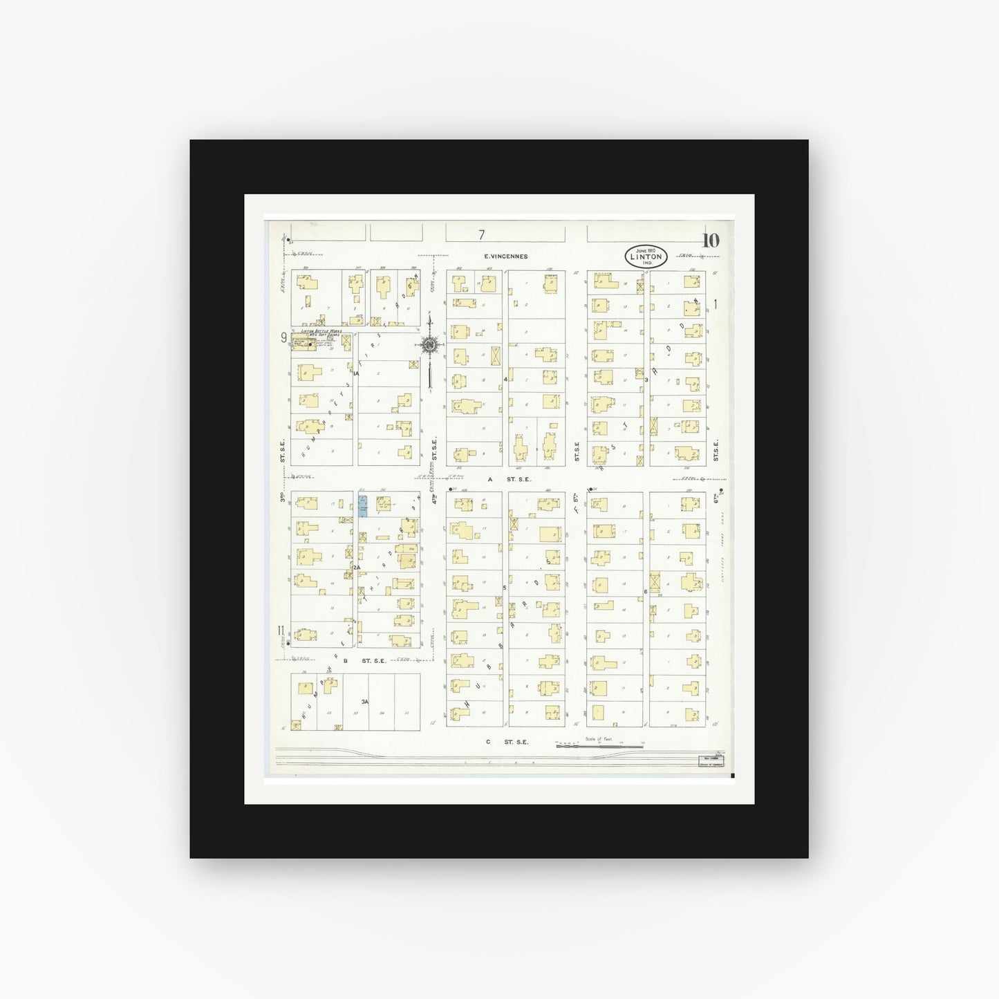 Old map wall art mockup — black gallery frame with white mat — Sanborn Fire Insurance Map from Linton, Greene County, Indiana (1910), Sheet #0010