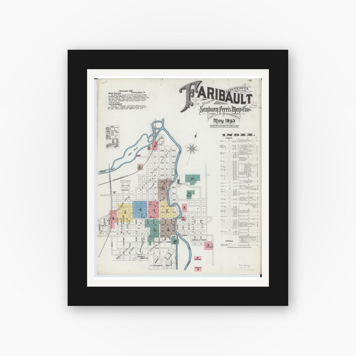 Old map wall art mockup — black gallery frame with white mat — Sanborn Fire Insurance Map from Faribault, Rice County, Minnesota (1893), Sheet #0001