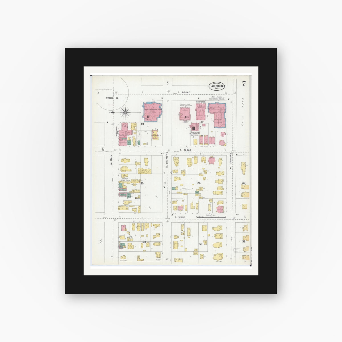 Old map wall art mockup — black gallery frame with white mat — Sanborn Fire Insurance Map from Galesburg, Knox County, Illinois (1906), Sheet #0007