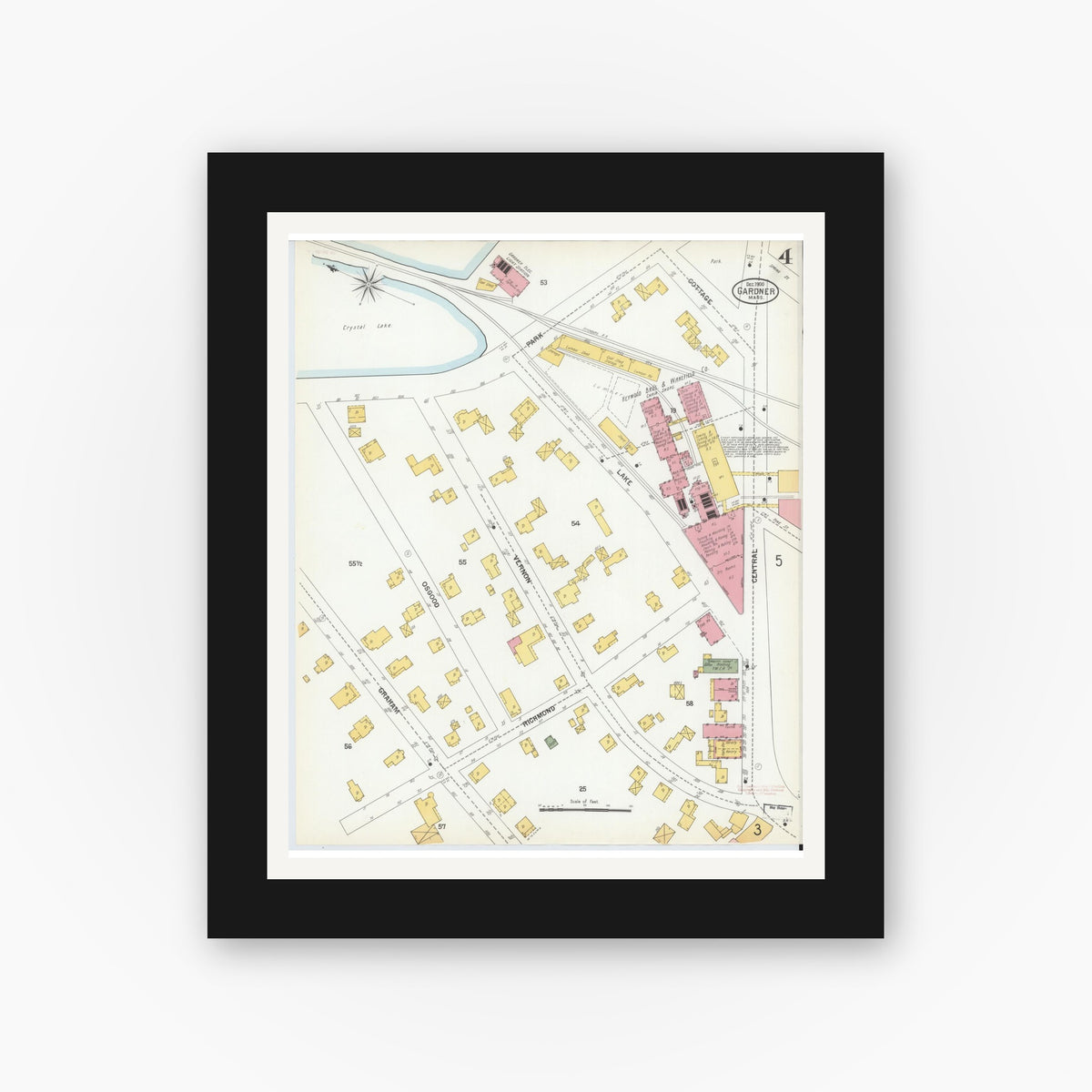Old map wall art mockup — black gallery frame with white mat — Sanborn Fire Insurance Map from Gardner, Worcester County, Massachusetts (1900), Sheet #0004