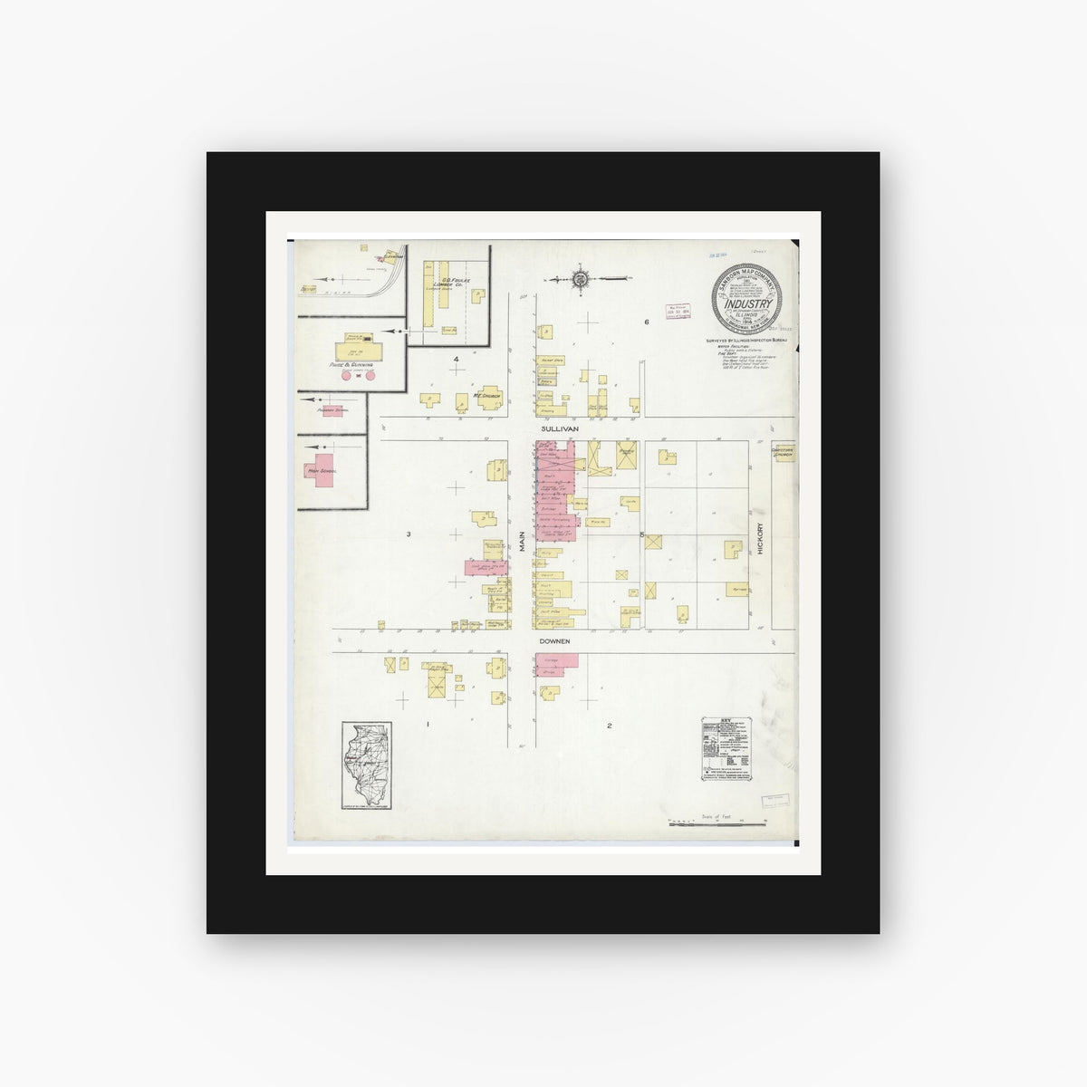 Old map wall art mockup — black gallery frame with white mat — Sanborn Fire Insurance Map from Industry, Mcdonough County, Illinois (1914), Sheet #0001