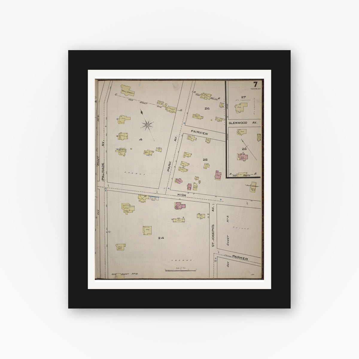 Old map wall art mockup — black gallery frame with white mat — Sanborn Fire Insurance Map from Yonkers, Westchester County, New York (1886), Sheet #0007