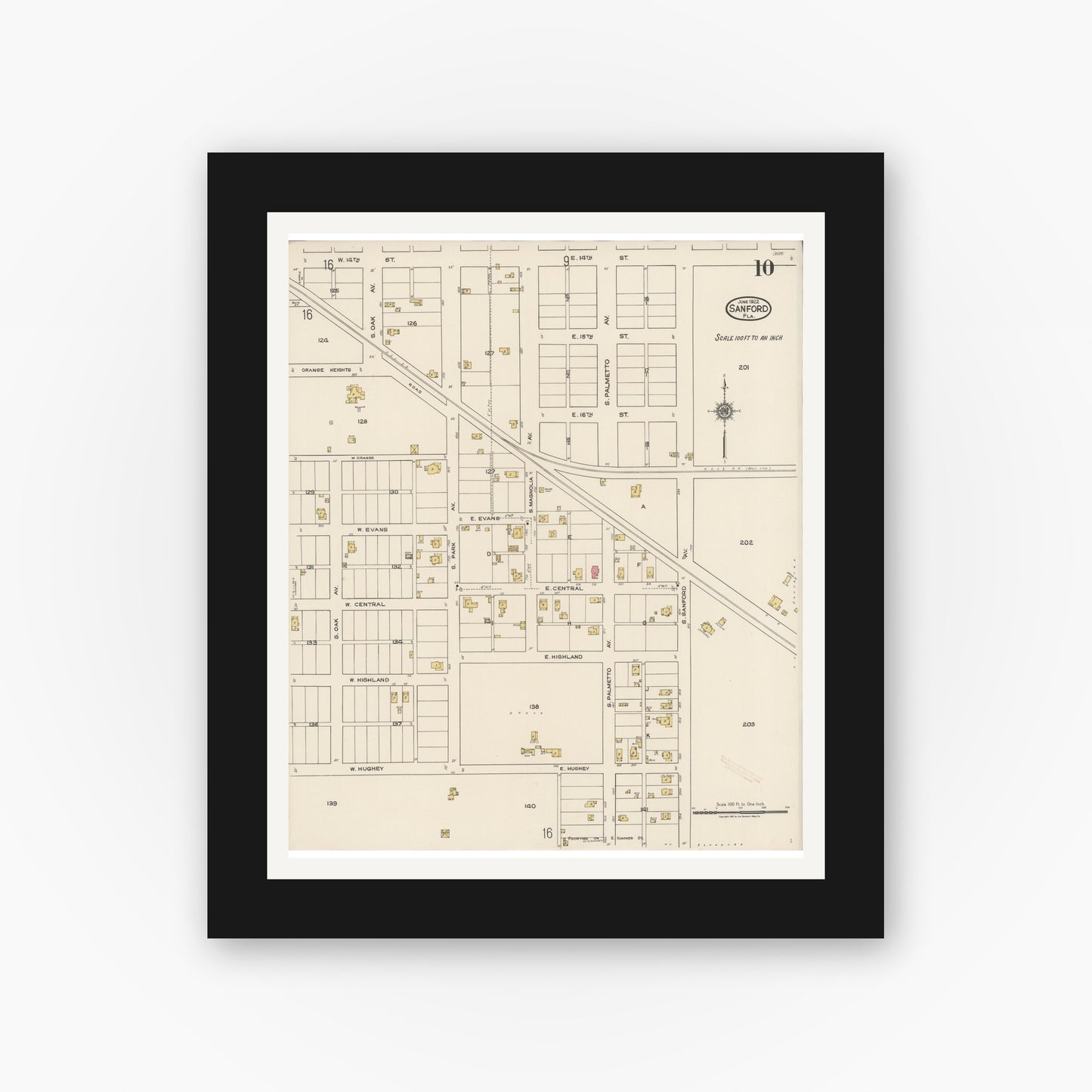 Old map wall art mockup — black gallery frame with white mat — Sanborn Fire Insurance Map from Sanford, Seminole County, Florida (1922), Sheet #0010