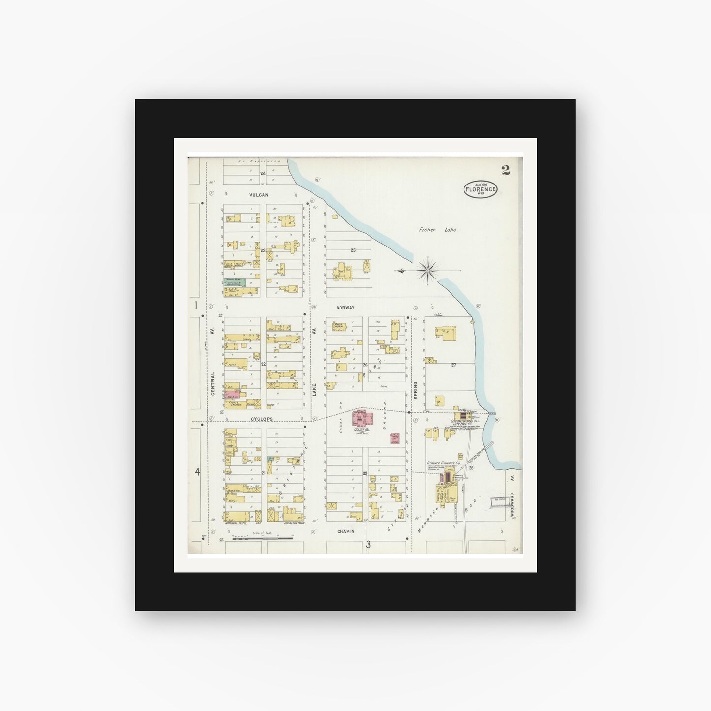 Old map wall art mockup — black gallery frame with white mat — Sanborn Fire Insurance Map from Florence, Florence County, Wisconsin (1898) - Complete Map Set