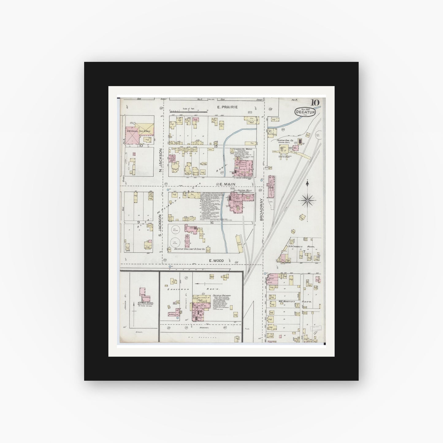 Old map wall art mockup — black gallery frame with white mat — Sanborn Fire Insurance Map from Decatur, Macon County, Illinois (1887), Sheet #0010