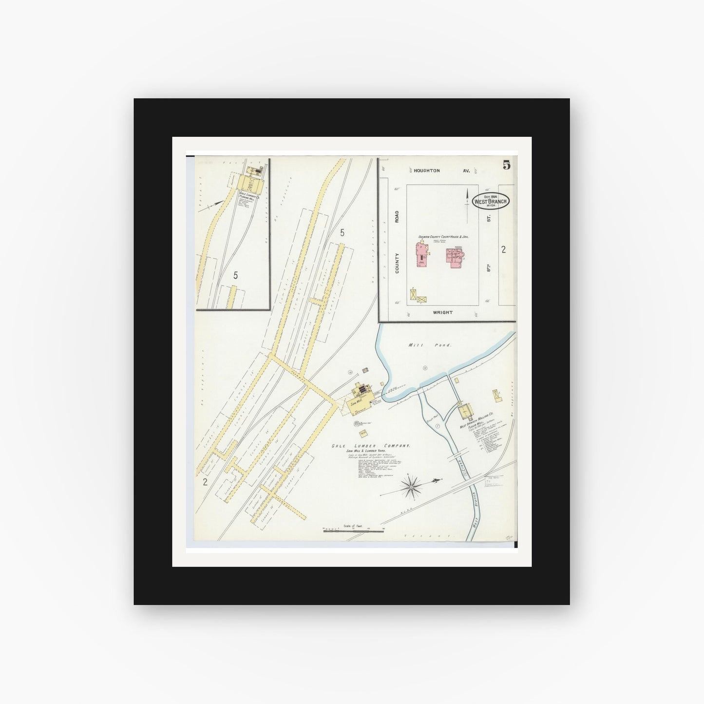 Old map wall art mockup — black gallery frame with white mat — Sanborn Fire Insurance Map from West Branch, Ogemaw County, Michigan (1904), Sheet #0005