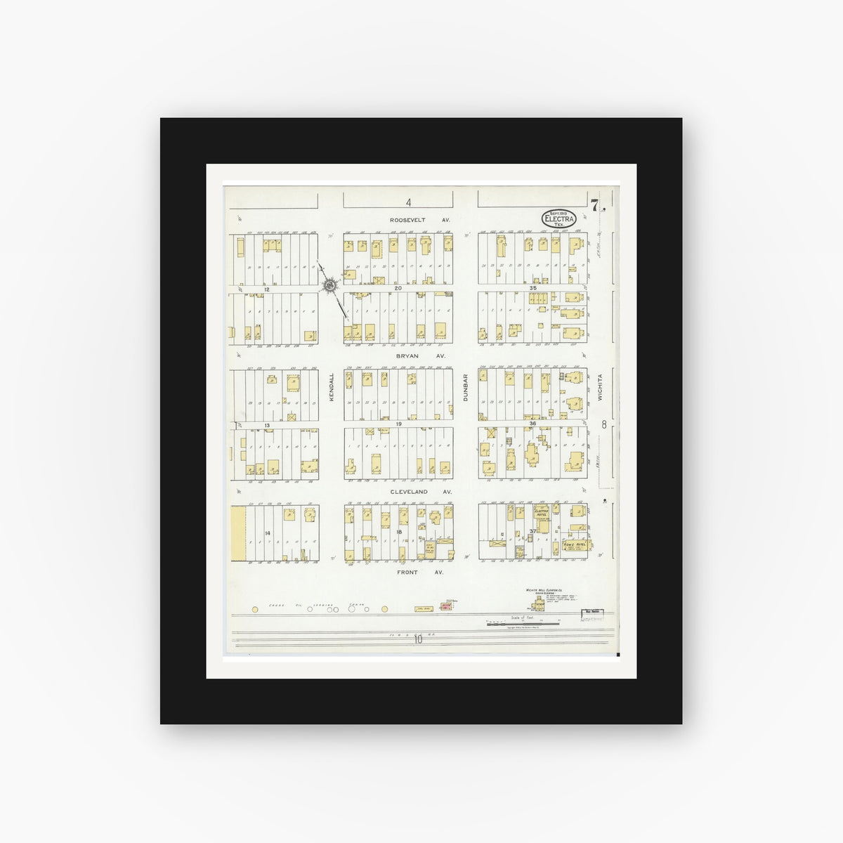 Old map wall art mockup — black gallery frame with white mat — Sanborn Fire Insurance Map from Electra, Wichita County, Texas (1919), Sheet #0007