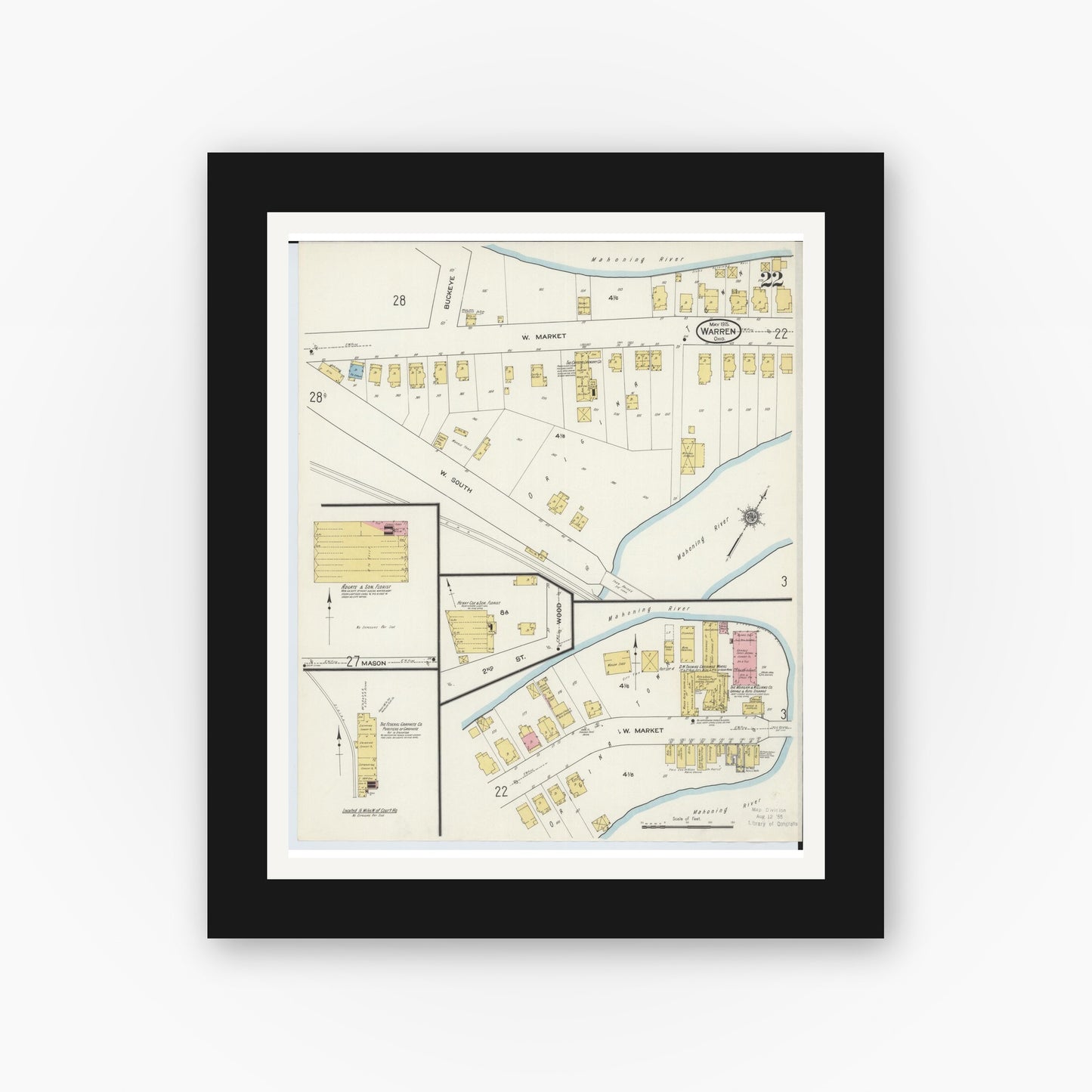 Old map wall art mockup — black gallery frame with white mat — Sanborn Fire Insurance Map from Warren, Trumbull County, Ohio (1915), Sheet #0022