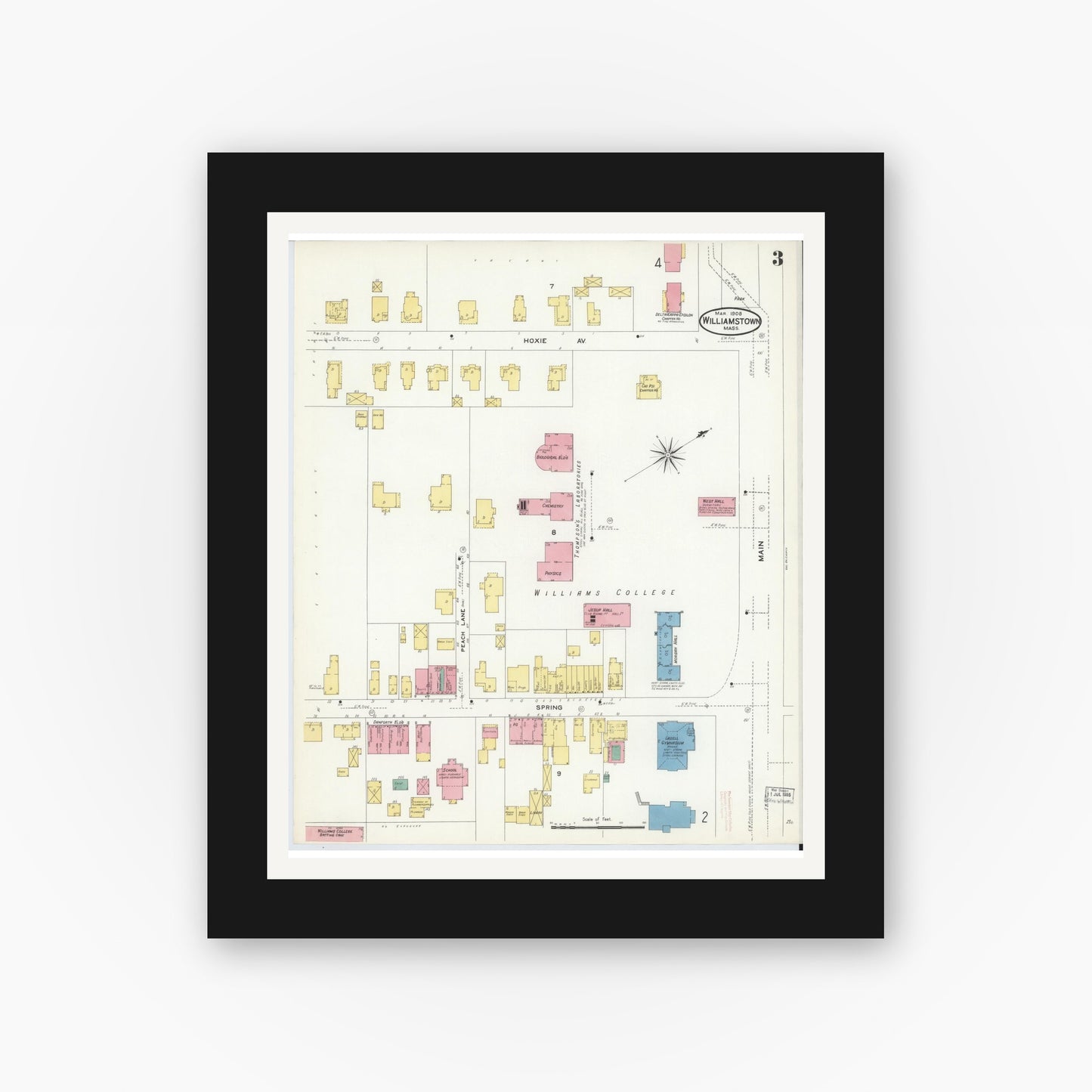 Old map wall art mockup — black gallery frame with white mat — Sanborn Fire Insurance Map from Williamstown, Berkshire County, Massachusetts (1908), Sheet #0003