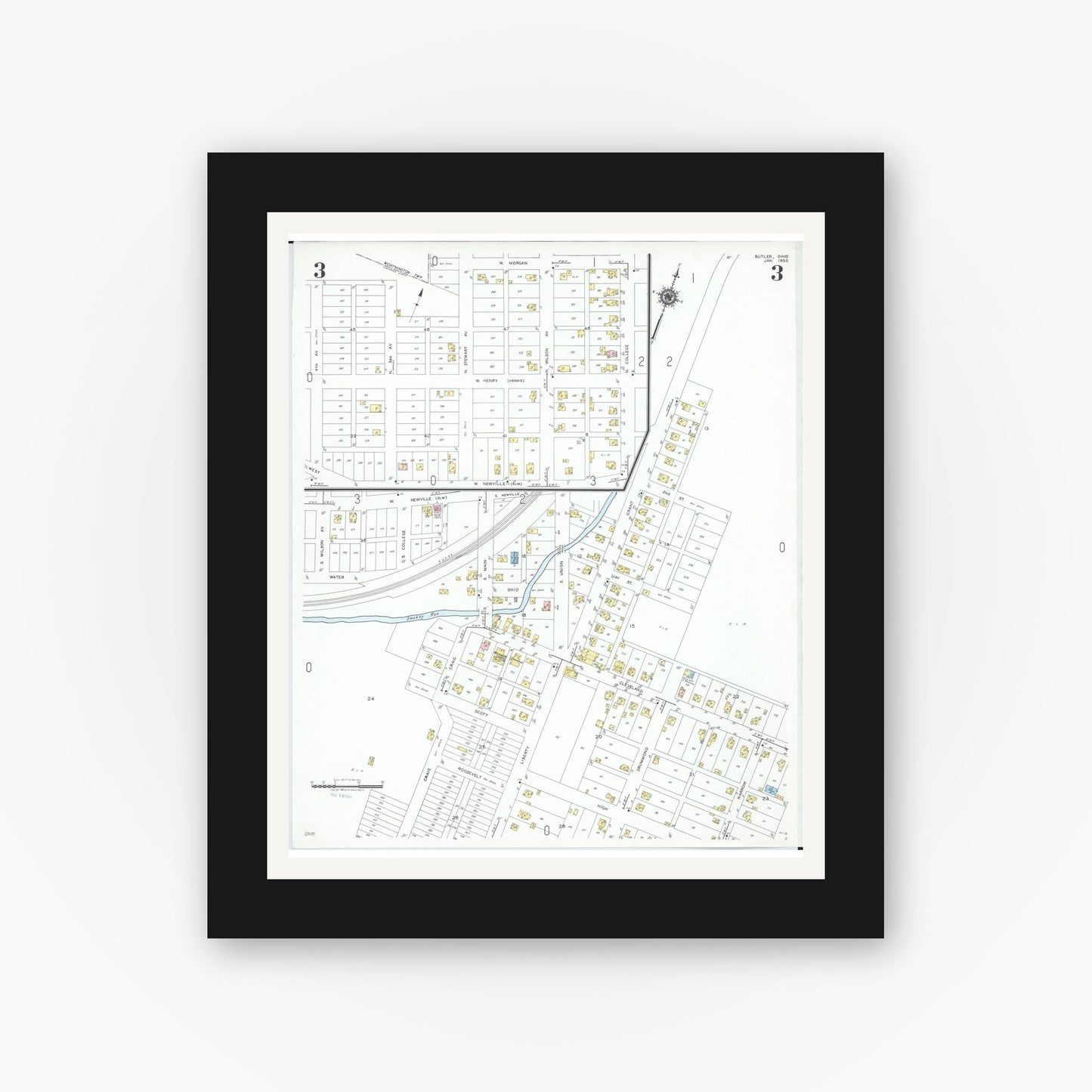 Old map wall art mockup — black gallery frame with white mat — Sanborn Fire Insurance Map from Butler, Richland County, Ohio (1950), Sheet #0003