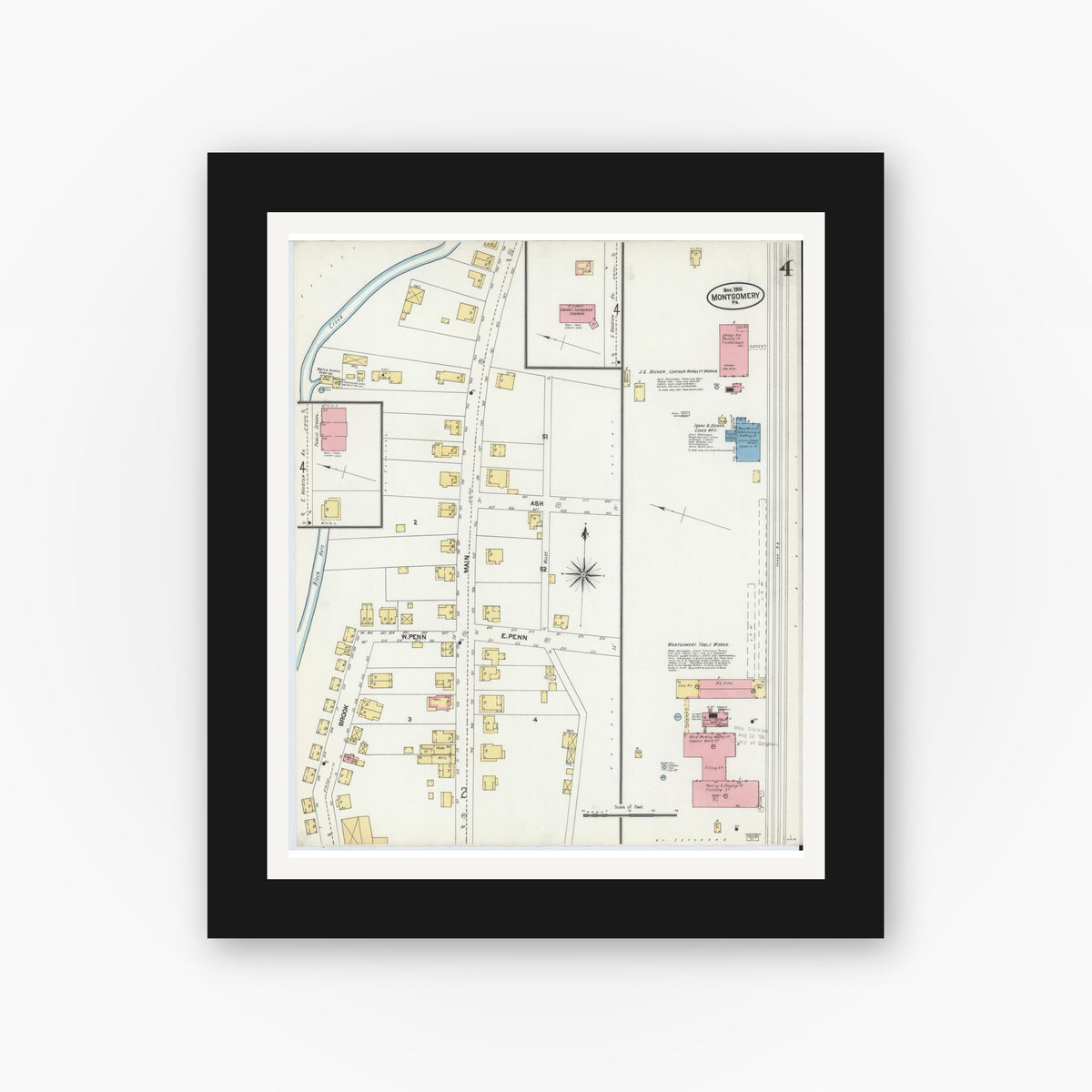 Old map wall art mockup — black gallery frame with white mat — Sanborn Fire Insurance Map from Montgomery, Lycoming County, Pennsylvania (1906), Sheet #0004