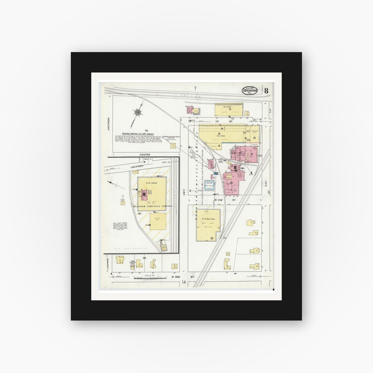 Old map wall art mockup — black gallery frame with white mat — Sanborn Fire Insurance Map from Brenham, Washington County, Texas (1920), Sheet #0008