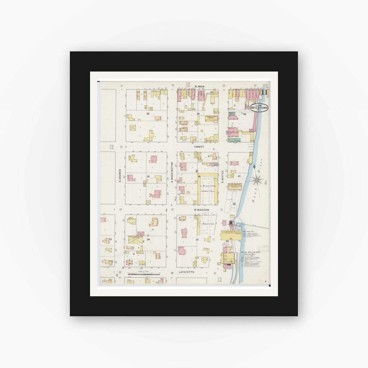 Old map wall art mockup — black gallery frame with white mat — Sanborn Fire Insurance Map from Watertown, Jefferson County, Wisconsin (1895), Sheet #0011