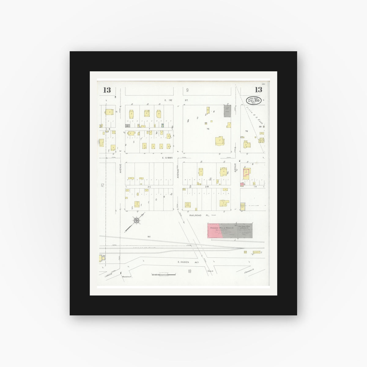 Old map wall art mockup — black gallery frame with white mat — Sanborn Fire Insurance Map from Del Rio, Val Verde County, Texas (1930), Sheet #0013