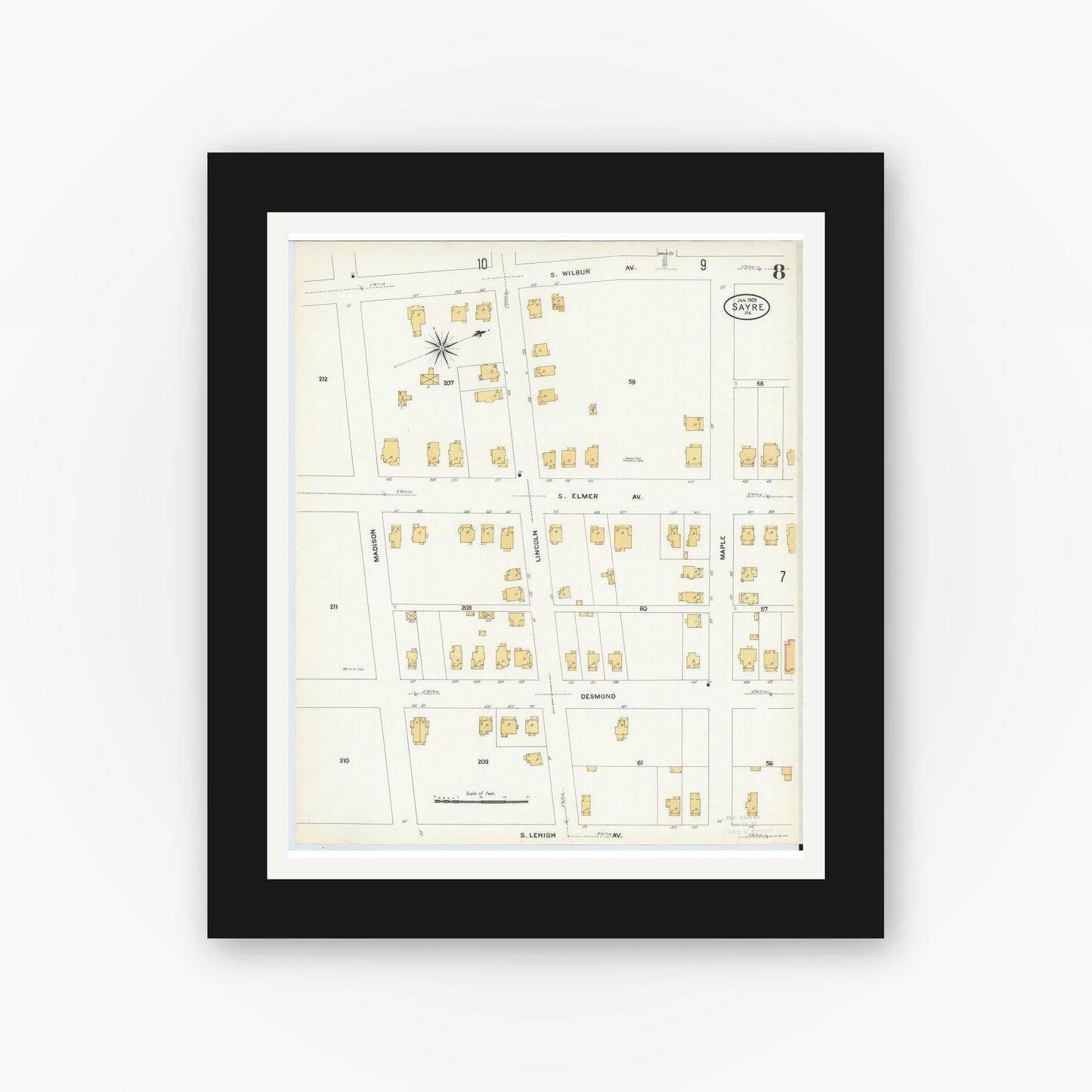 Old map wall art mockup — black gallery frame with white mat — Sanborn Fire Insurance Map from Sayre, Bradford County, Pennsylvania (1909), Sheet #0008