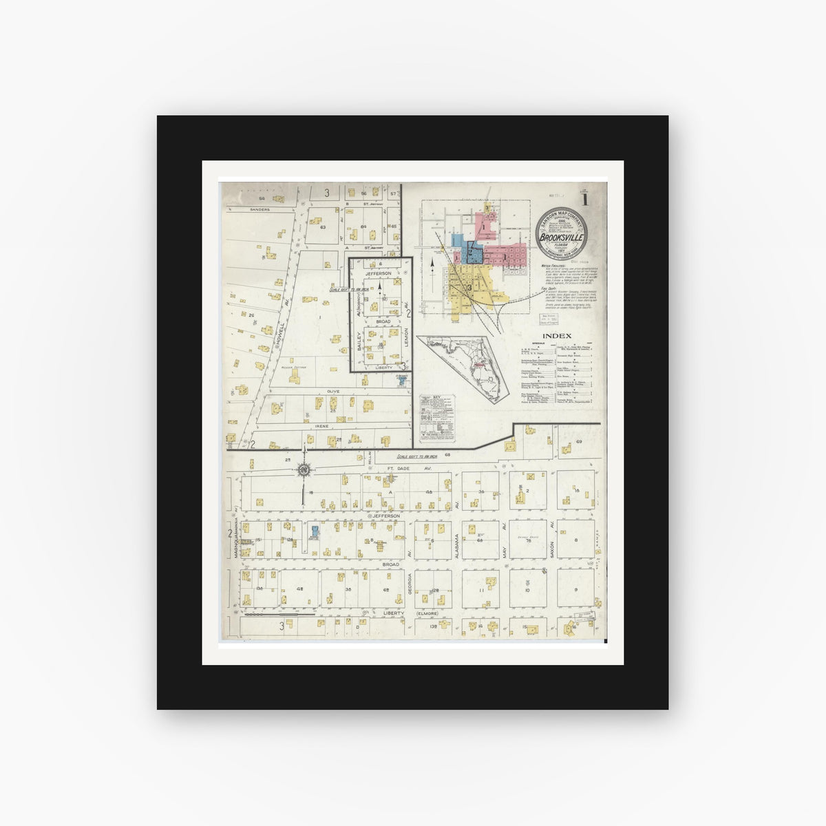 Old map wall art mockup — black gallery frame with white mat — Sanborn Fire Insurance Map from Brooksville, Hernando County, Florida (1917) - Complete Map Set