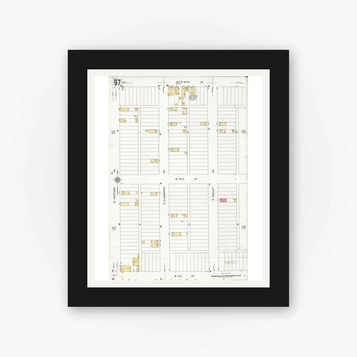 Old map wall art mockup — black gallery frame with white mat — Sanborn Fire Insurance Map from Chicago, Cook County, Illinois (1920), Sheet #0097