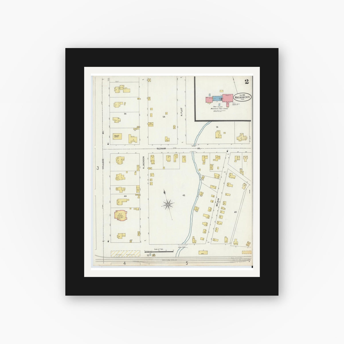 Old map wall art mockup — black gallery frame with white mat — Sanborn Fire Insurance Map from Waxahachie, Ellis County, Texas (1898), Sheet #0002