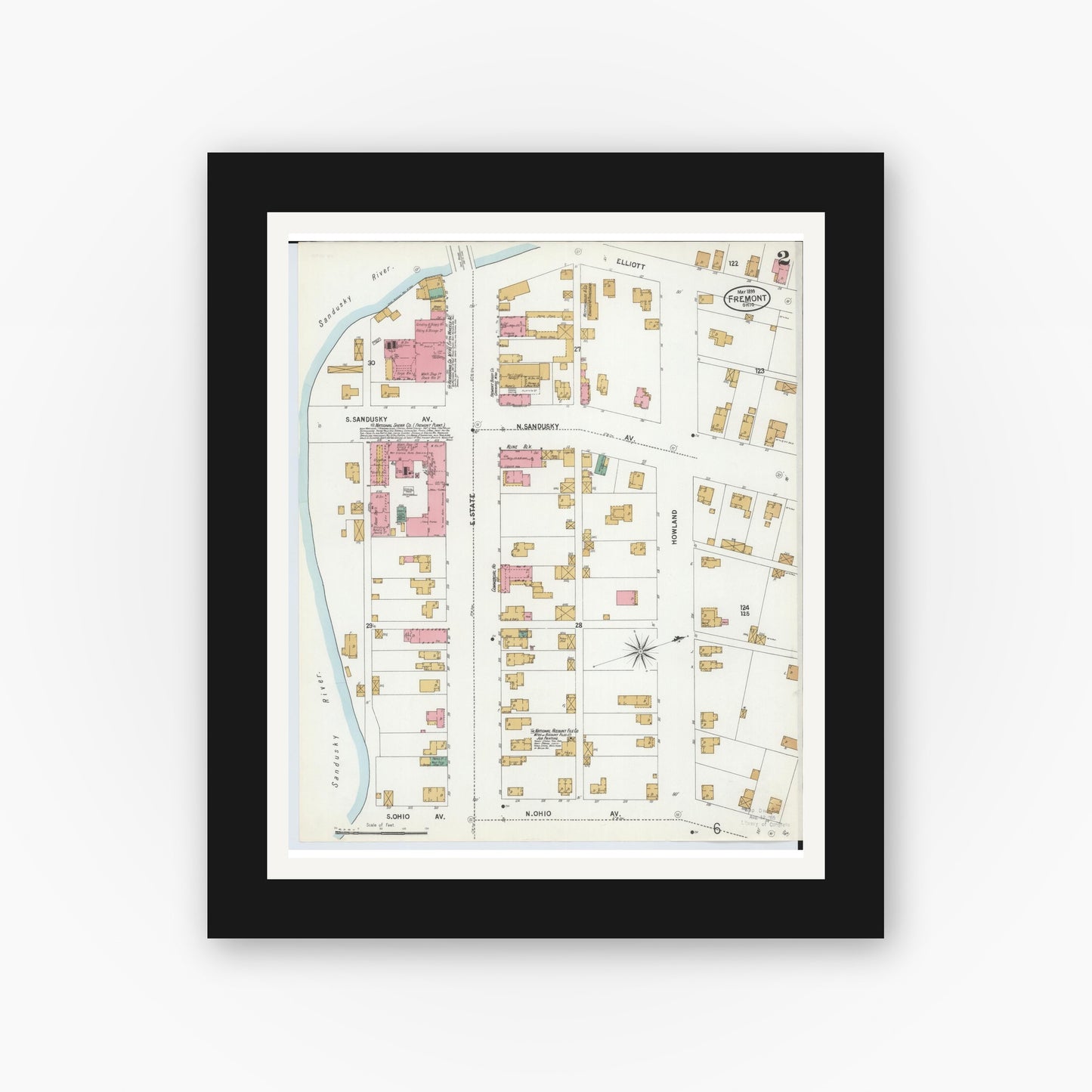 Old map wall art mockup — black gallery frame with white mat — Sanborn Fire Insurance Map from Fremont, Sandusky County, Ohio (1899), Sheet #0002