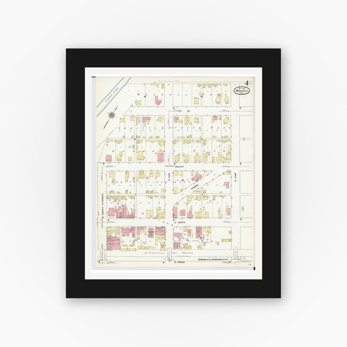 Old map wall art mockup — black gallery frame with white mat — Sanborn Fire Insurance Map from Waverly, Pike County, Ohio (1911), Sheet #0004
