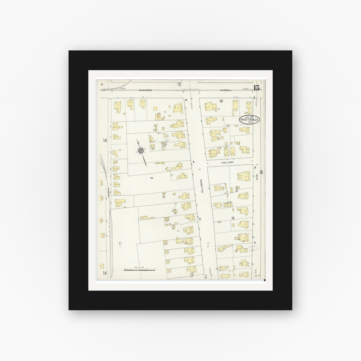 Old map wall art mockup — black gallery frame with white mat — Sanborn Fire Insurance Map from Fayetteville, Cumberland County, North Carolina (1914), Sheet #0015
