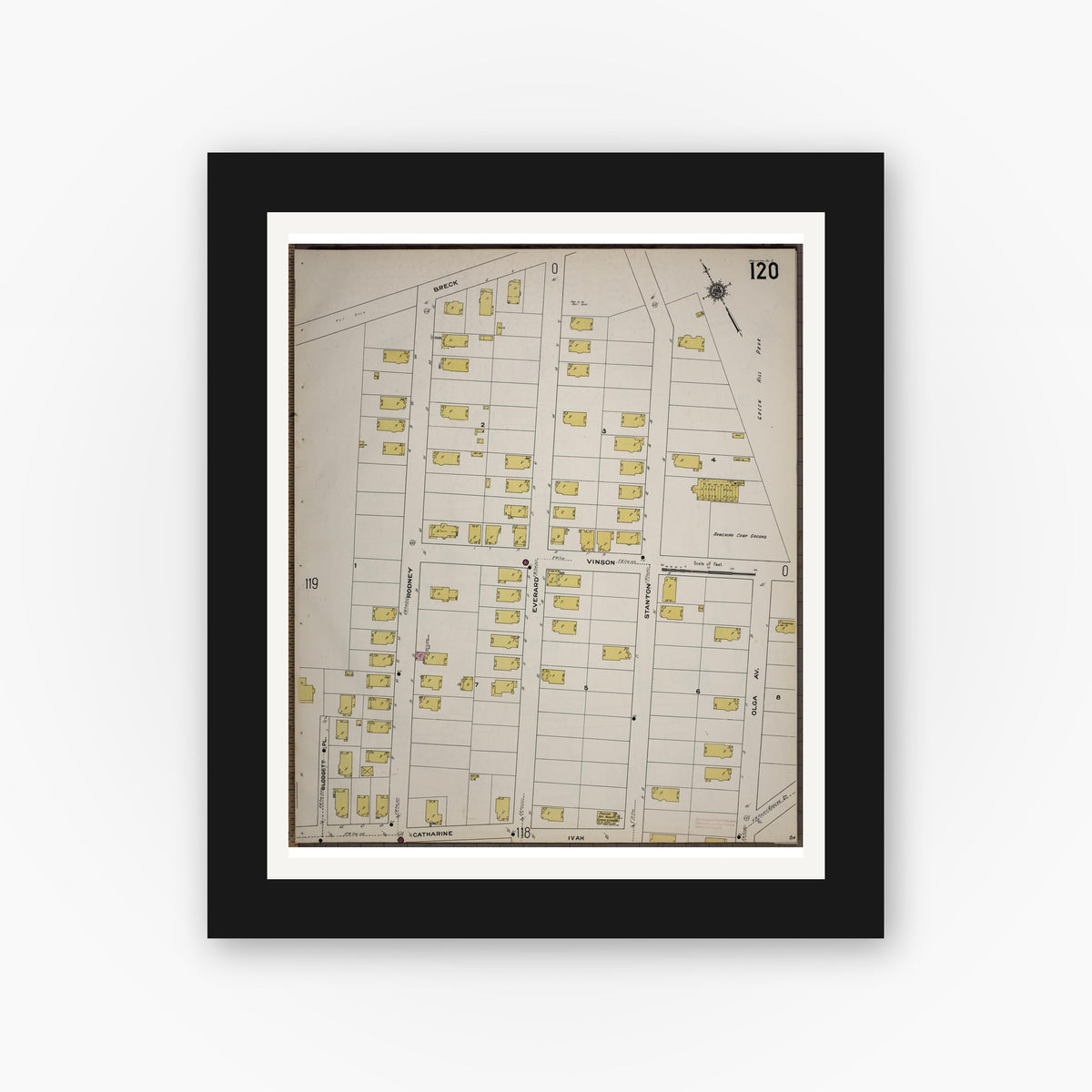 Old map wall art mockup — black gallery frame with white mat — Sanborn Fire Insurance Map from Worcester, Worcester County, Massachusetts (1910), Sheet #0120