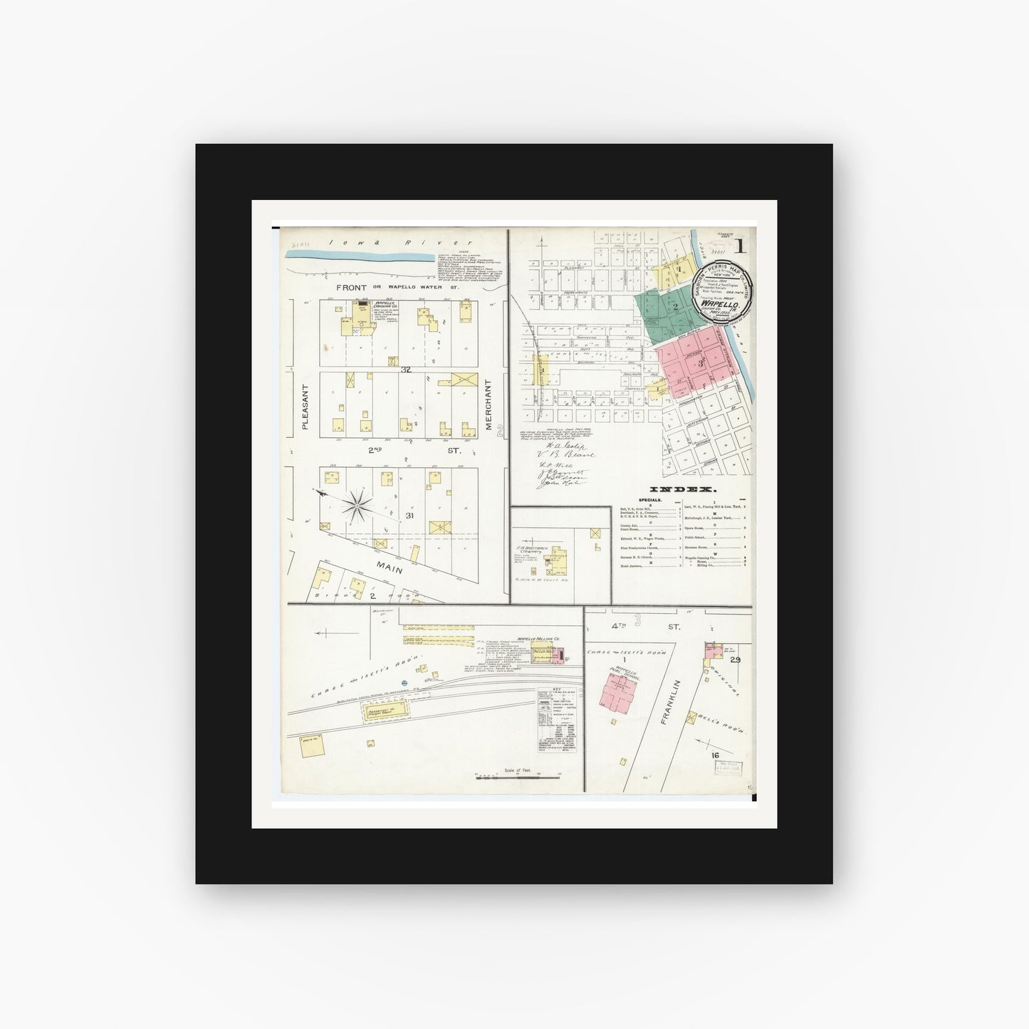 Old map wall art mockup — black gallery frame with white mat — Sanborn Fire Insurance Map from Wapello, Louisa County, Iowa (1893) — Complete Set