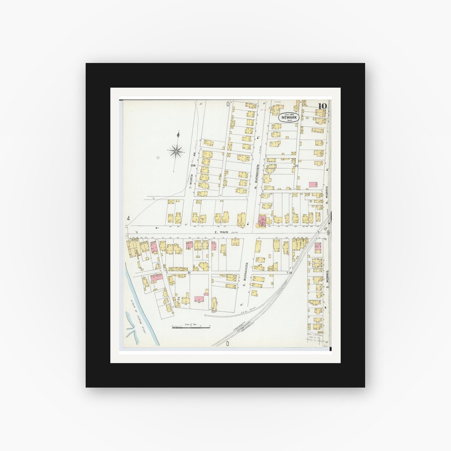 Old map wall art mockup — black gallery frame with white mat — Sanborn Fire Insurance Map from Newark, Licking County, Ohio (1899), Sheet #0010